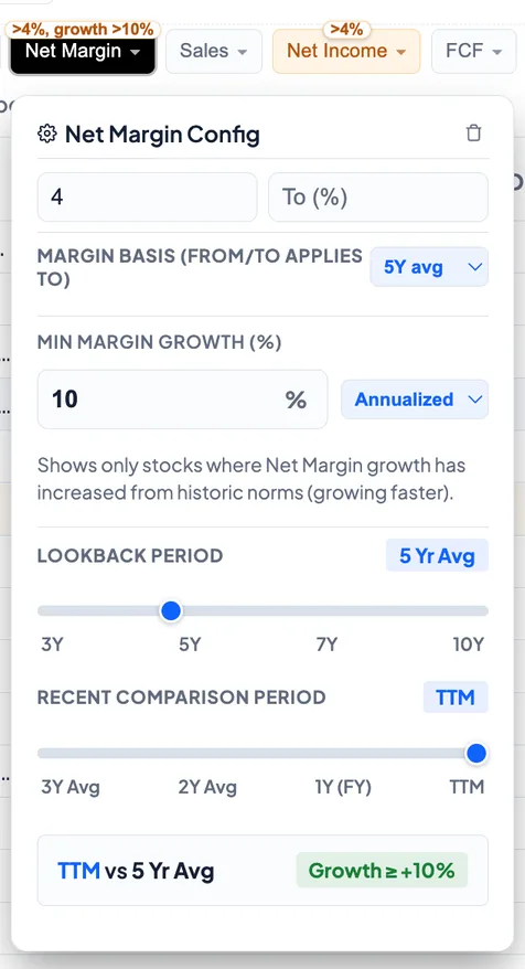 Net Margin filter with 5-year average basis and margin growth settings