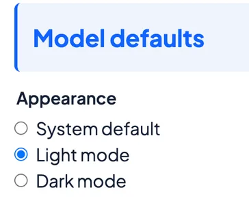 Appearance setting with System default, Light mode, and Dark mode options