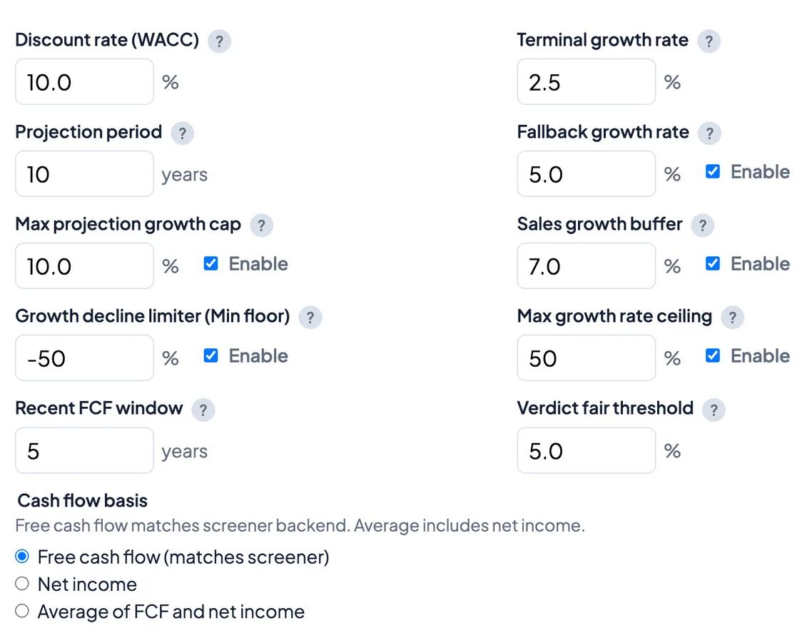 User override model settings: discount rate, terminal growth, projection period, growth caps, and cash flow basis