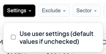 Settings filter button with the 'Use user settings (default values if unchecked)' checkbox